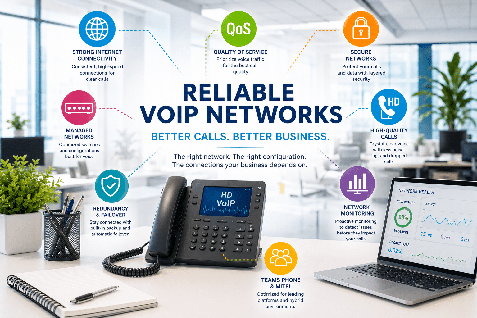 Reliable VoIP network infrastructure for business communications showing QoS, network monitoring, redundancy, secure connectivity, and call quality optimization for Microsoft Teams Phone, Mitel, and cloud communications.