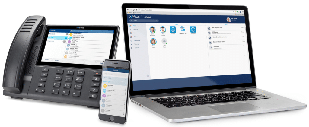Mitel Unified Communications Trio on landline, mobile phone, and laptop