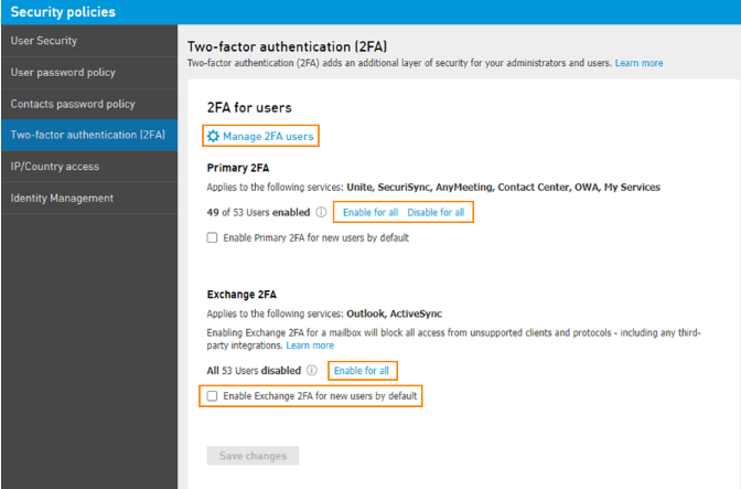 two-factor authentication (2FA) security settings, showing options to manage users and enable 2FA for primary and Exchange services.