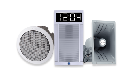 A set of Algo IP speakers, including a ceiling speaker, wall-mounted speaker with a digital clock, and horn speaker, designed for clear paging, intercom, and emergency notifications in various environments.