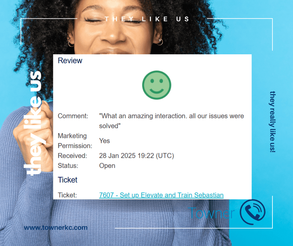Customer review praising Towner Communications for exceptional VoIP solutions, IT support, and seamless business communication services.