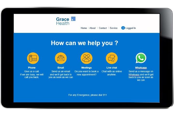Tablet screen showing Grace Health's patient engagement platform with omnichannel communication options including phone, email, meetings, live chat, and WhatsApp for healthcare providers