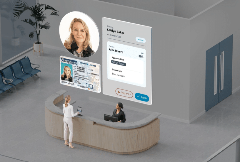 Healthcare visitor management system verifying patient visitor credentials and access approval at hospital front desk, supporting HIPAA and Joint Commission compliance