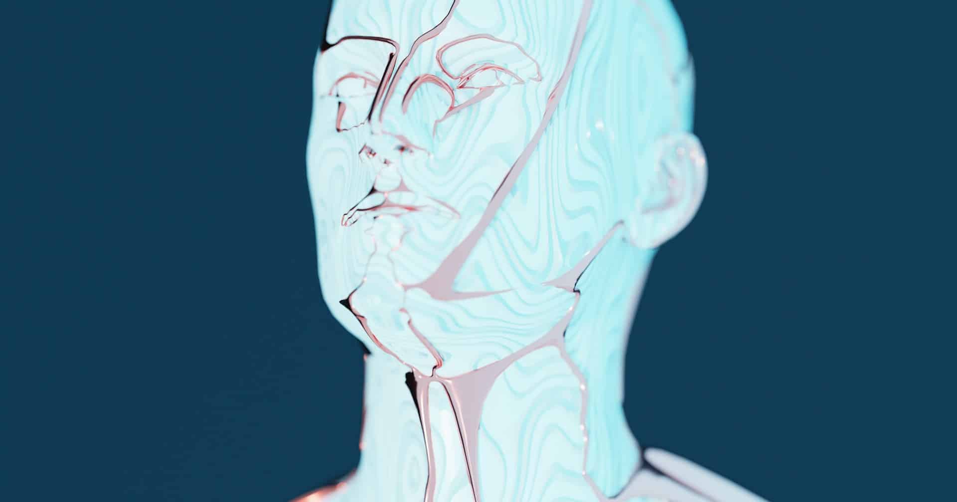 Abstract digital face representing AI facial recognition technology used in modern business security systems