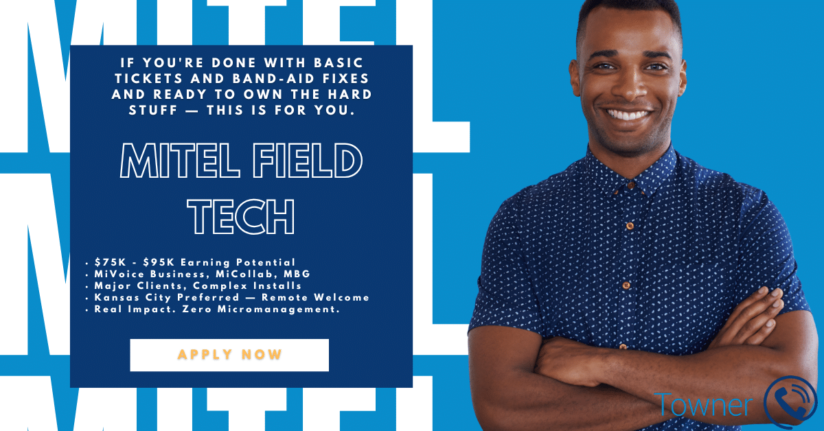 Mitel Field Technician job in Kansas City or remote. Now hiring experienced techs for MiVoice Business, MiCollab, and Mitel Border Gateway support.