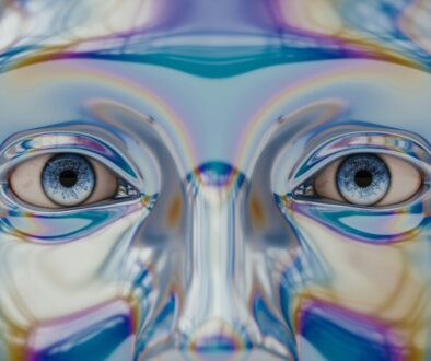 Close-up of synthetic human-like eyes representing advanced facial recognition technology and ethical AI systems