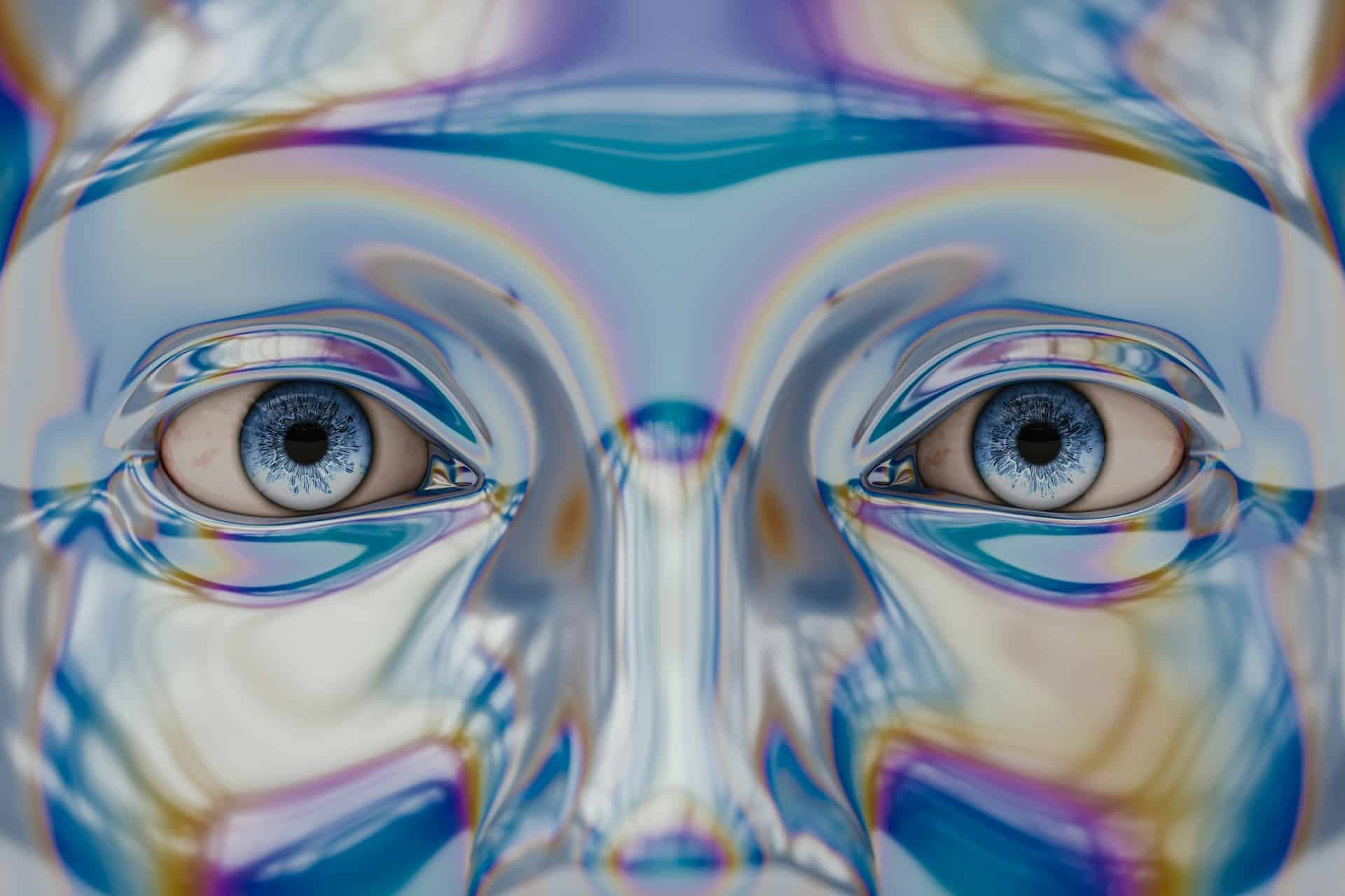 Close-up of synthetic human-like eyes representing advanced facial recognition technology and ethical AI systems