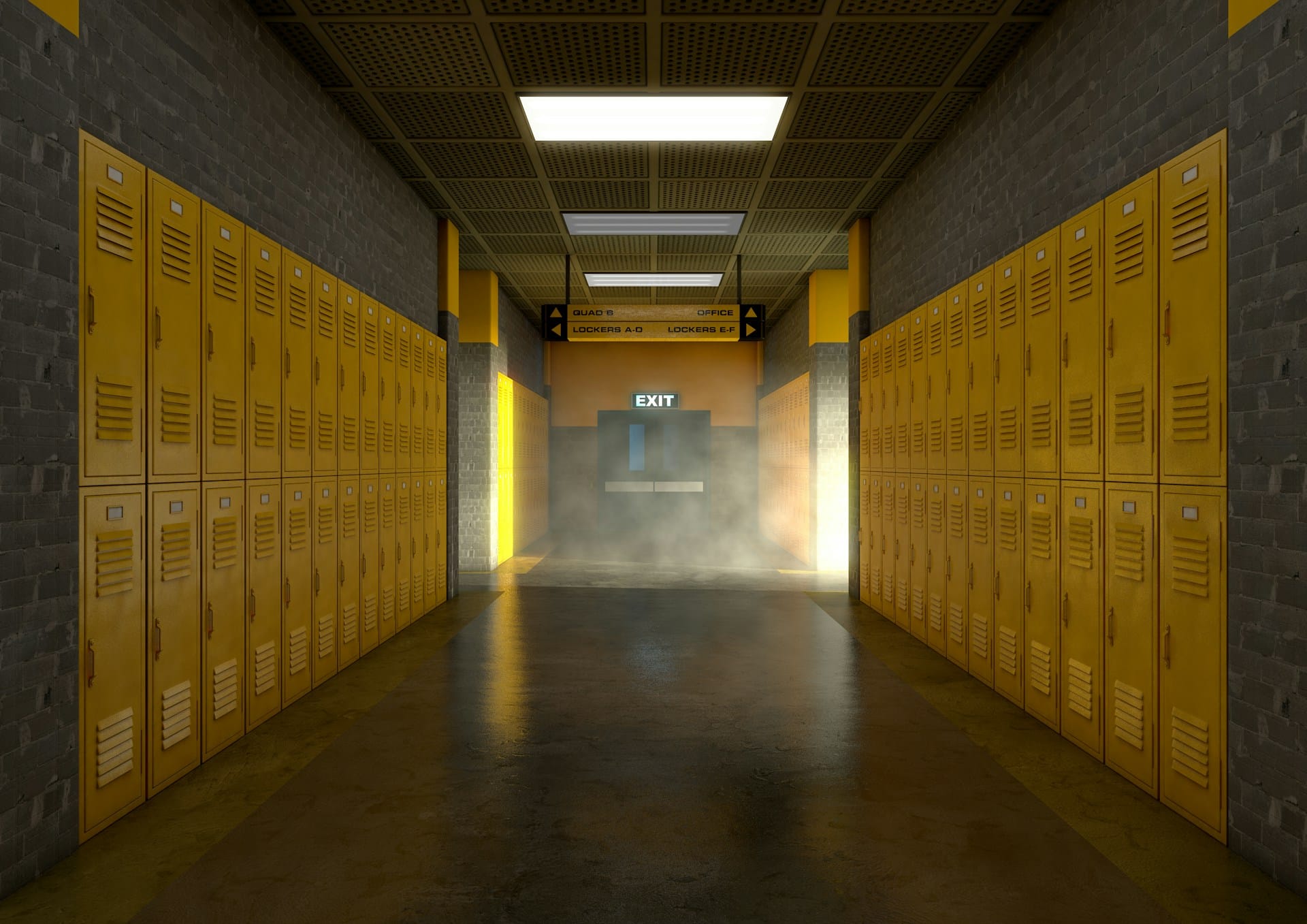 Smoke-filled school hallway with yellow lockers, illustrating need for vape detection sensors