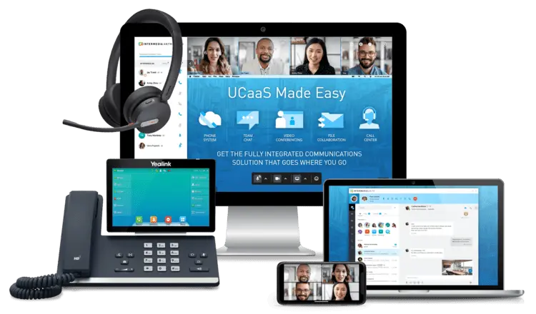 Towner Communications VoIP and Cloud Phone Solutions displayed on a desktop, laptop, mobile phone, and desk phone, showcasing UCaaS features like video conferencing, team chat, and call center integration.
