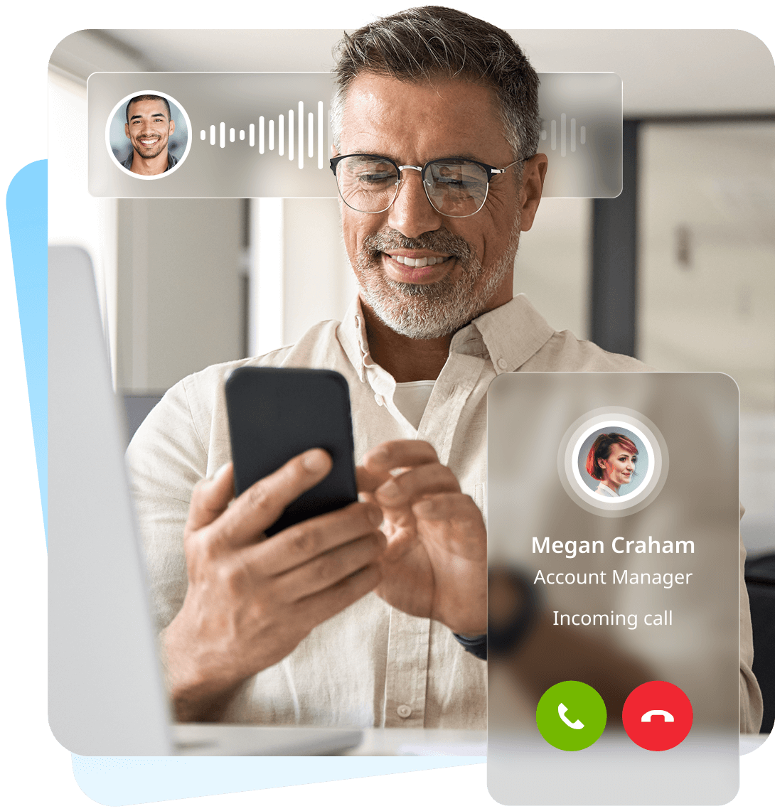 Business professional using a mobile VoIP phone app for an incoming call