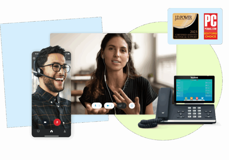 Customer service agents using Towner Contact Center Solutions via smartphone, desktop video call, and VoIP phone with award-winning support recognition.