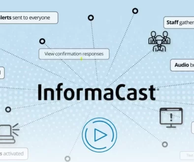 Diagram of InformaCast mass notification system showing multi-channel alert distribution to dispatchers, mobile devices, digital signage, and staff.