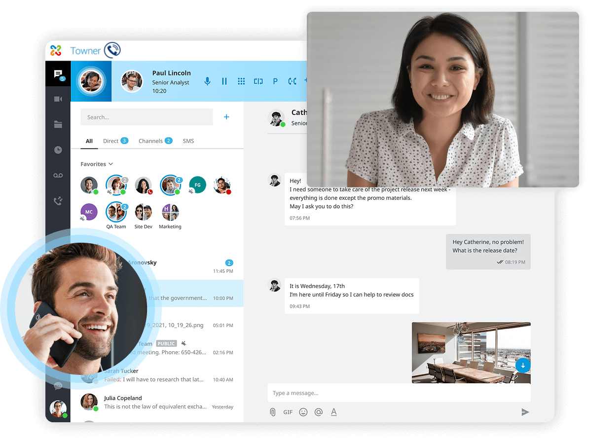 Towner Communications unified communications dashboard showing VoIP calls, video conferencing, and team chat for Kansas and Missouri businesses.