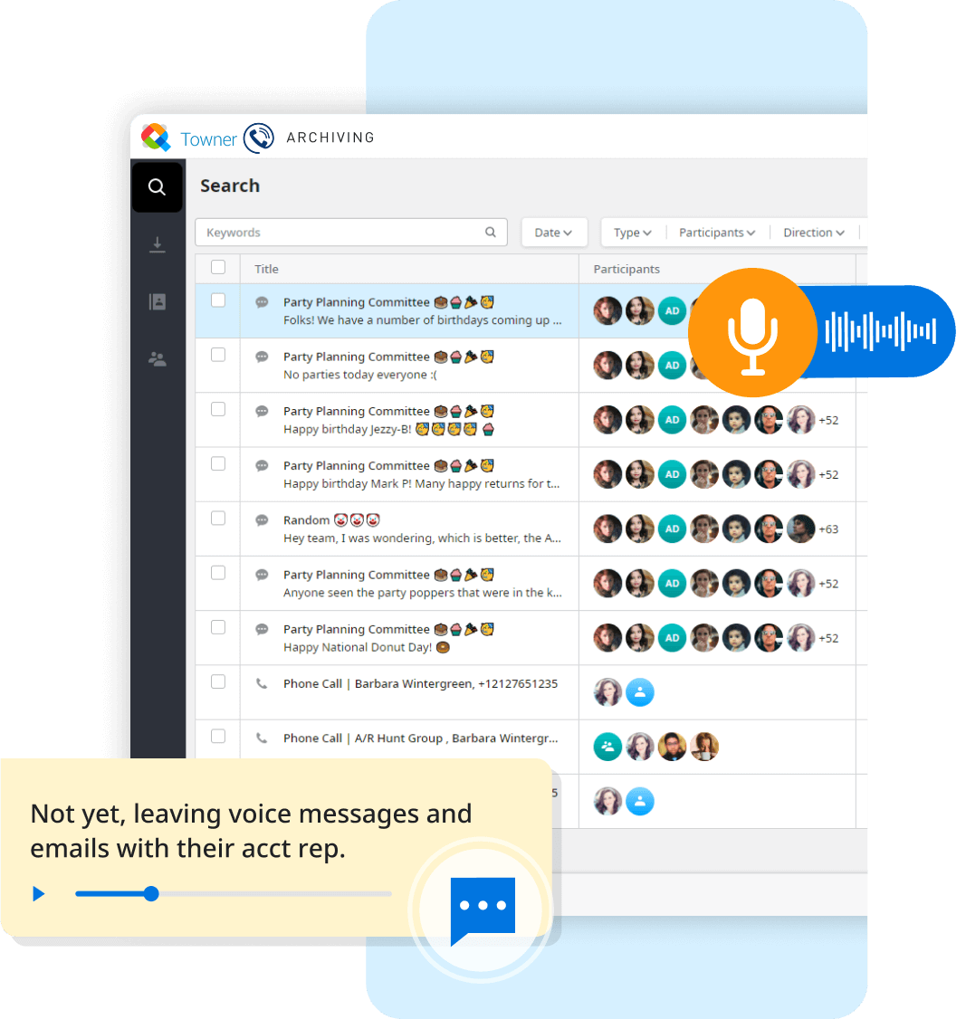 Towner Elevate Archiving interface displaying archived calls, chats, and voice messages with searchable communication history for businesses