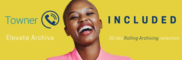 Smiling business professional next to Towner Elevate Archiving banner promoting 30-day rolling data retention included with service.
