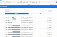 Zoom Phone online faxing interface showing received fax list with caller ID, total pages, and status indicators
