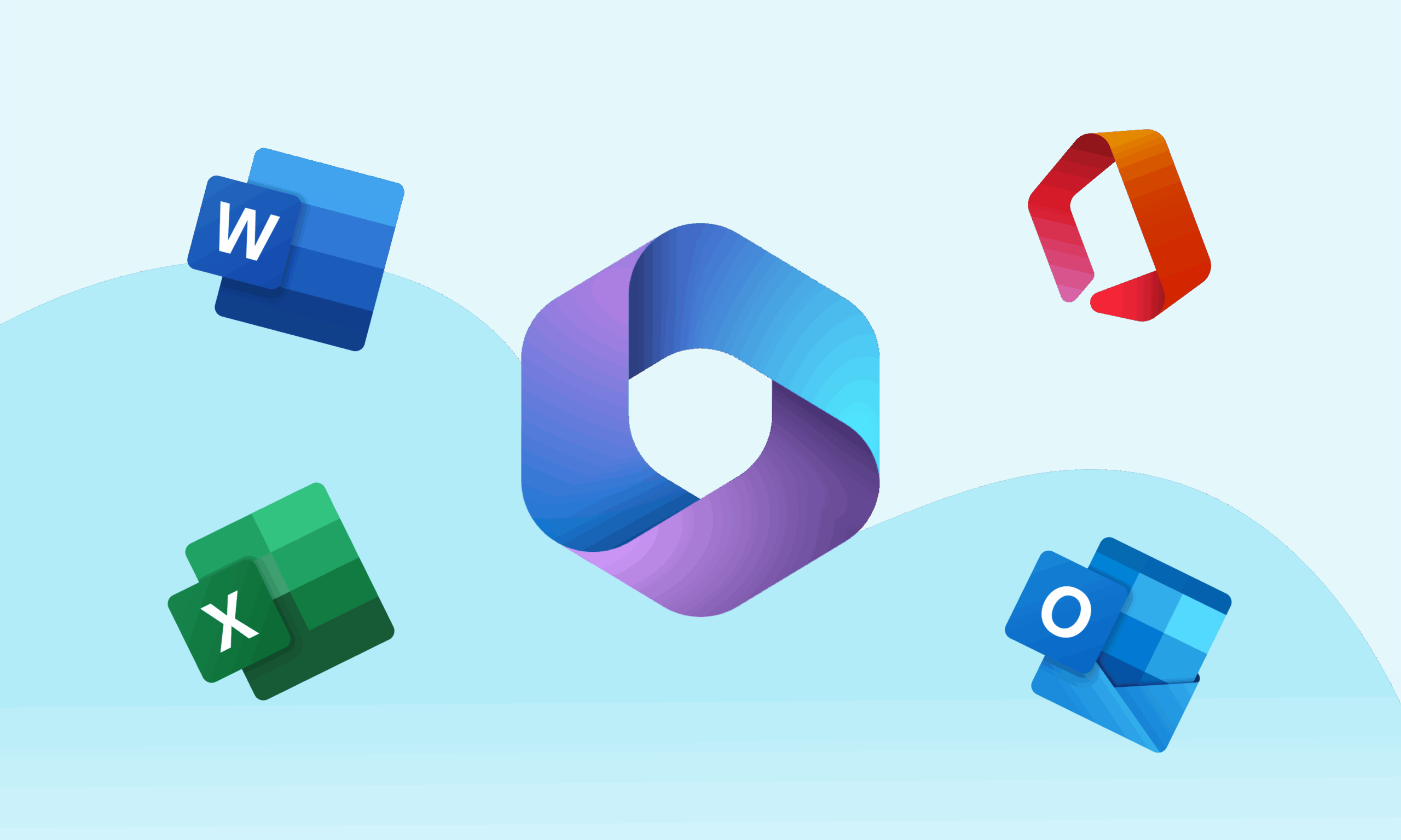 Microsoft 365 logo surrounded by icons for Word, Excel, Outlook, and Office on a blue background