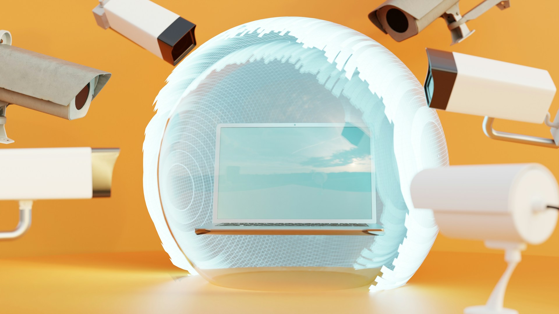 Laptop inside a glowing digital protective sphere surrounded by multiple security cameras.