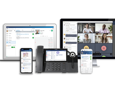 Mitel connect enterprise communications platform showing desk phones, mobile apps, unified messaging, and video meetings