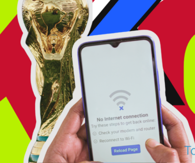 Business internet redundancy Kansas City concept showing World Cup trophy and smartphone with no internet connection error