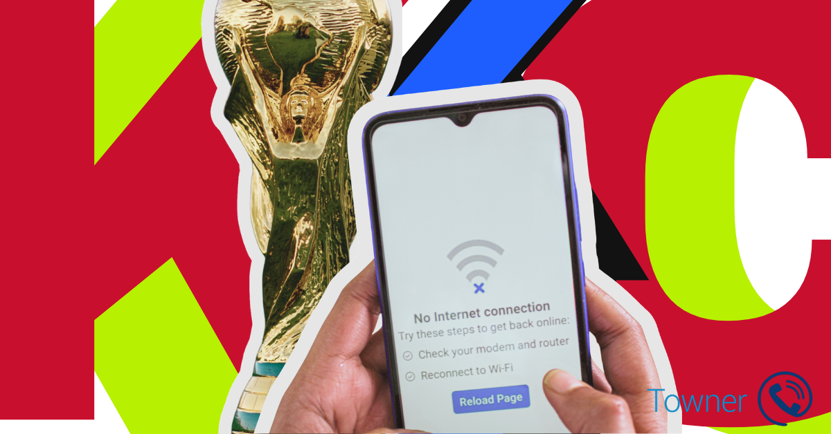 Business internet redundancy Kansas City concept showing World Cup trophy and smartphone with no internet connection error