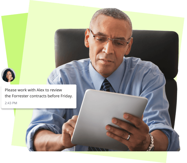 Attorney reviewing client information on a tablet using secure law firm communication tools