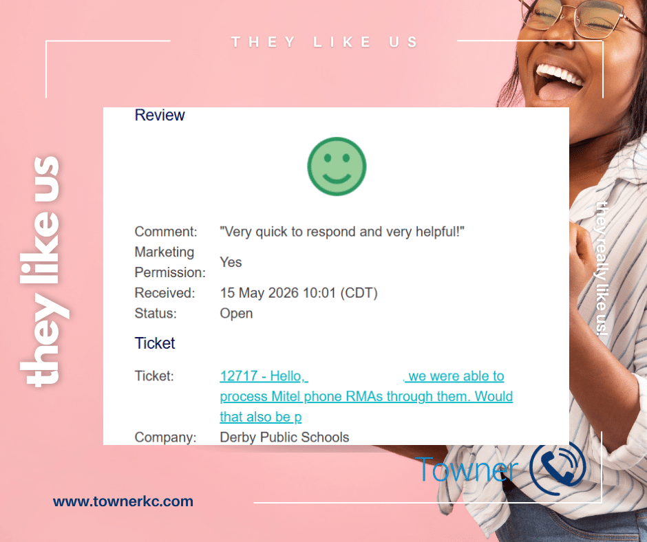 Screenshot of a customer review praising Towner for quick and helpful Mitel support in Wichita