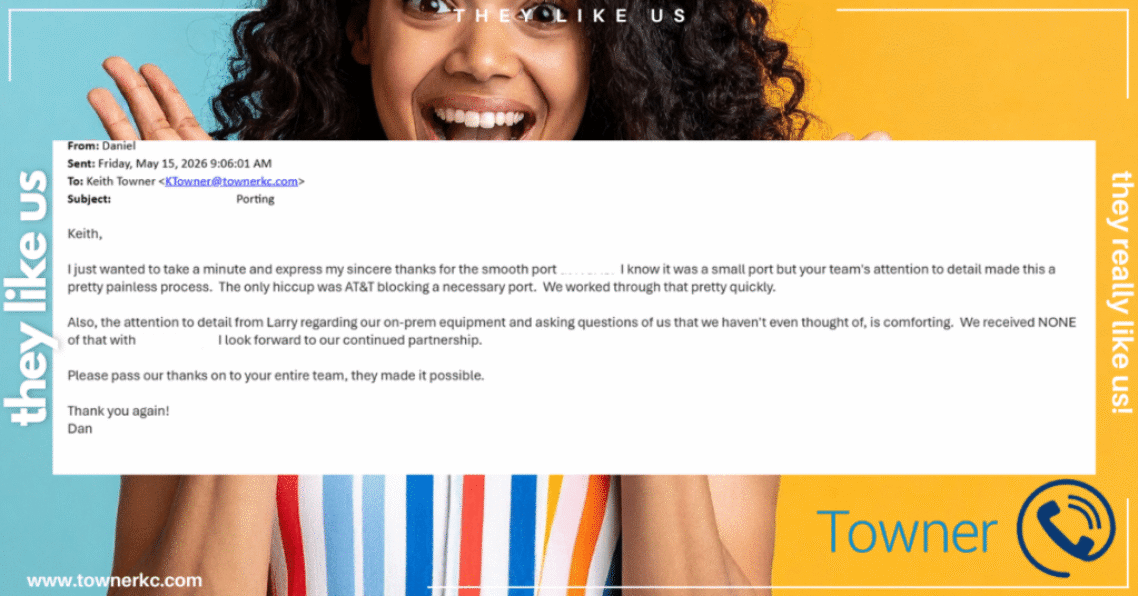 Client review about Mitel support Kansas City telecom migration and business phone porting assistance from Towner