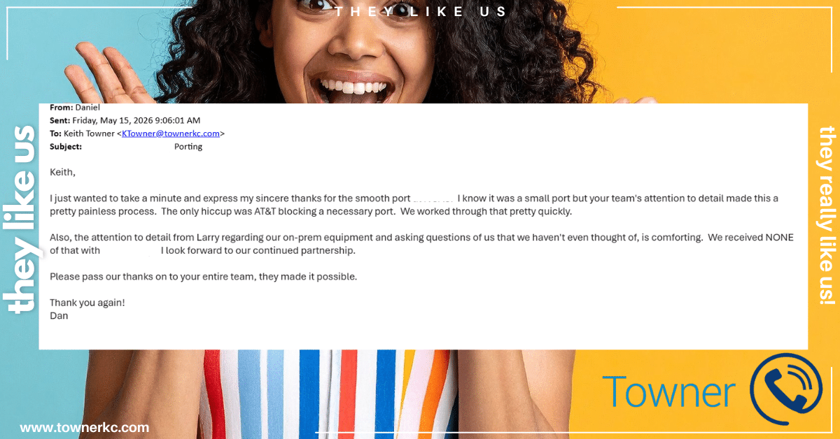 Client review about Mitel support Kansas City telecom migration and business phone porting assistance from Towner