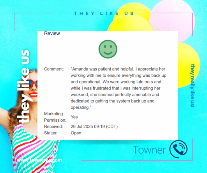 Customer review highlighting after-hours telecom support and business communications service from Towner in Kansas City