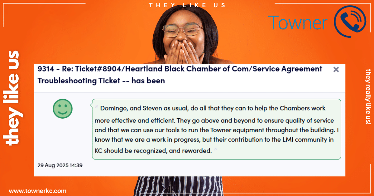 Customer review from the Heartland Black Chamber highlighting Towner's business communications support, technology expertise, and customer service.