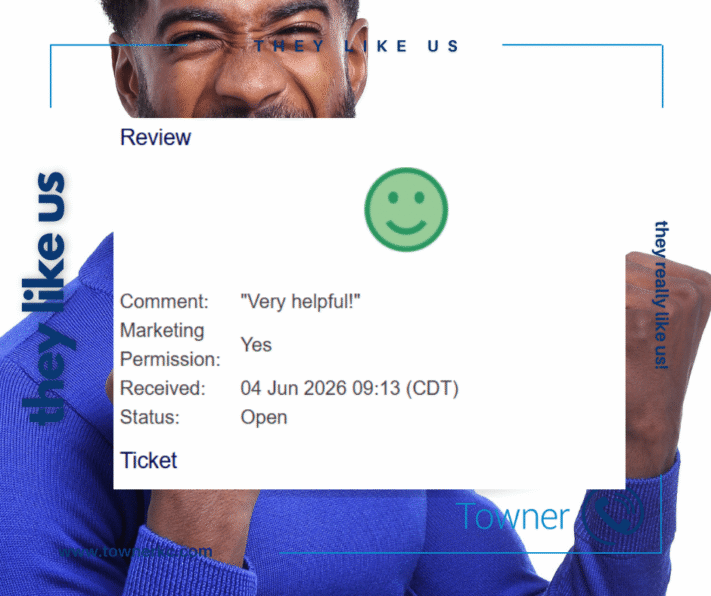 Customer review highlighting Towner's resolution of a Mitel DID routing issue that caused unwanted external calls to a business phone extension.