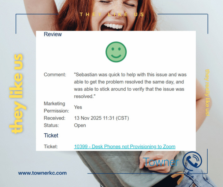 Customer review describing how Towner resolved a Zoom Phone provisioning issue and restored business communications for a Kansas organization
