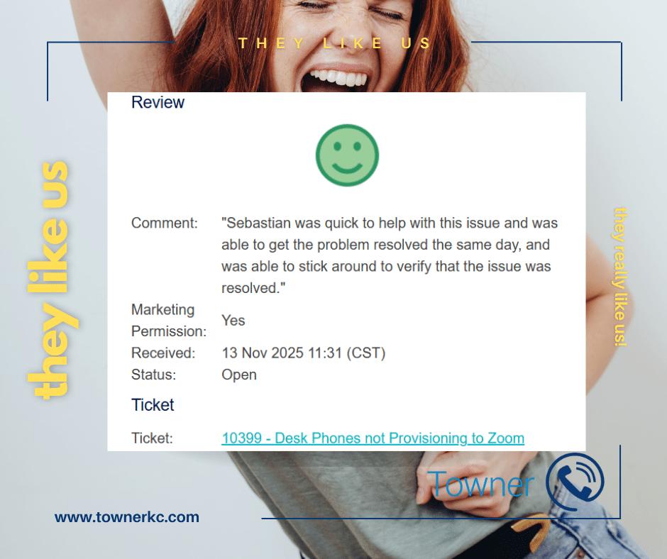 Customer review describing how Towner resolved a Zoom Phone provisioning issue and restored business communications for a Kansas organization