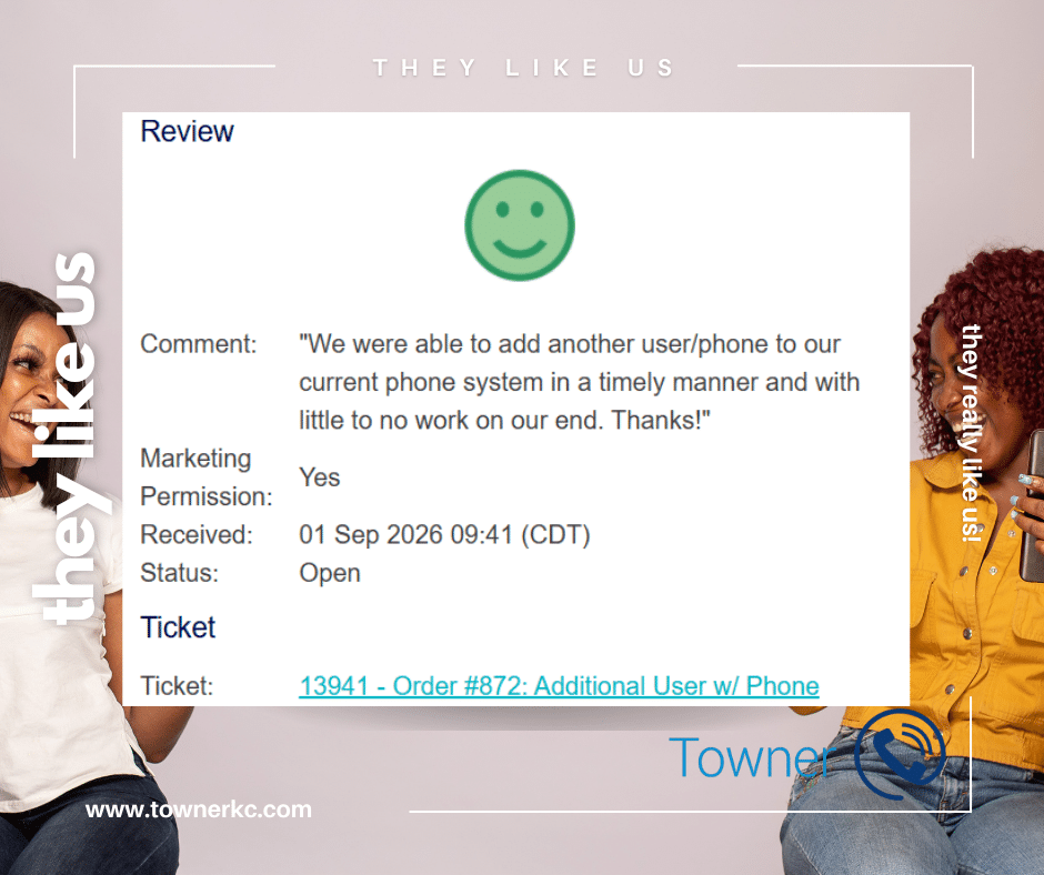 Kansas City customer review about adding a user and phone with Towner business phone system support