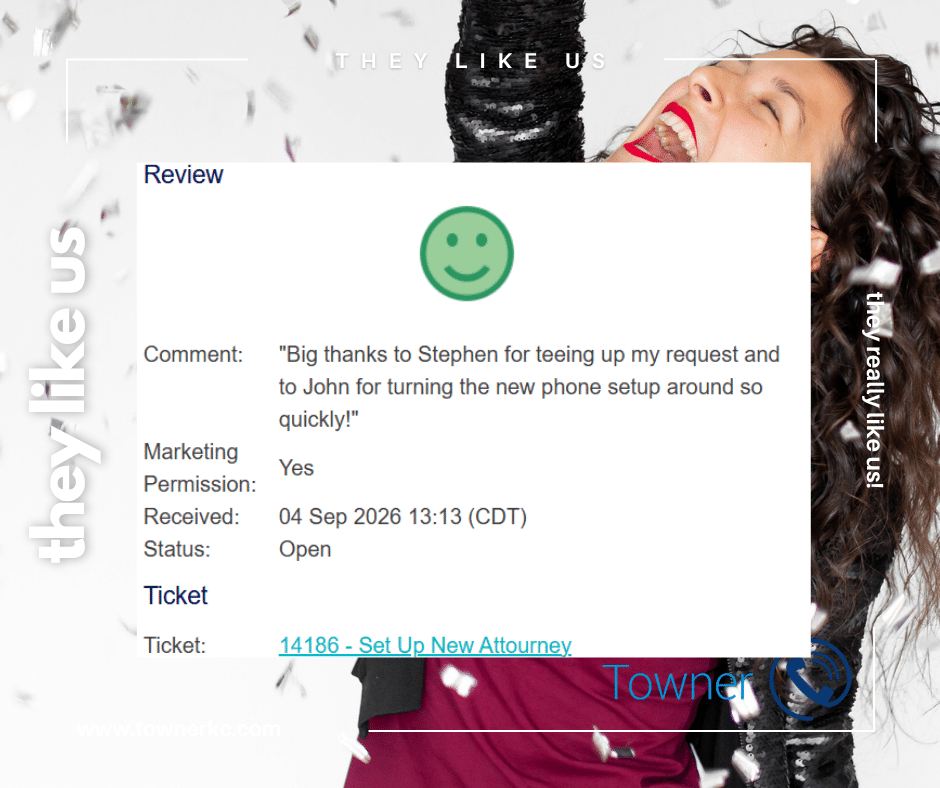 Customer review praising Towner for quickly completing a law firm phone system setup